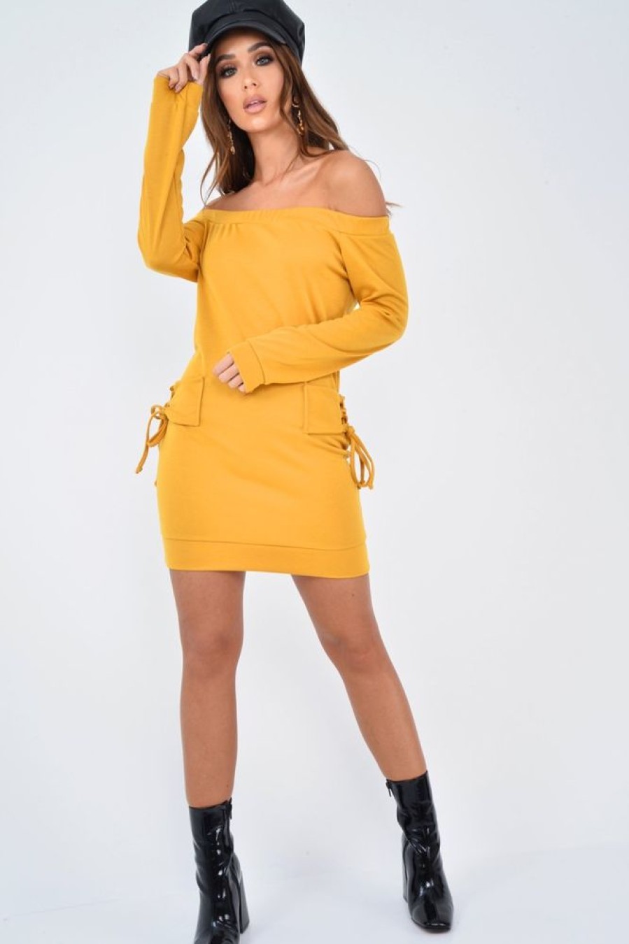 Clothing Rebellious Fashion | Mustard Lace Up Detail Bardot Jumper Dress - Aarna