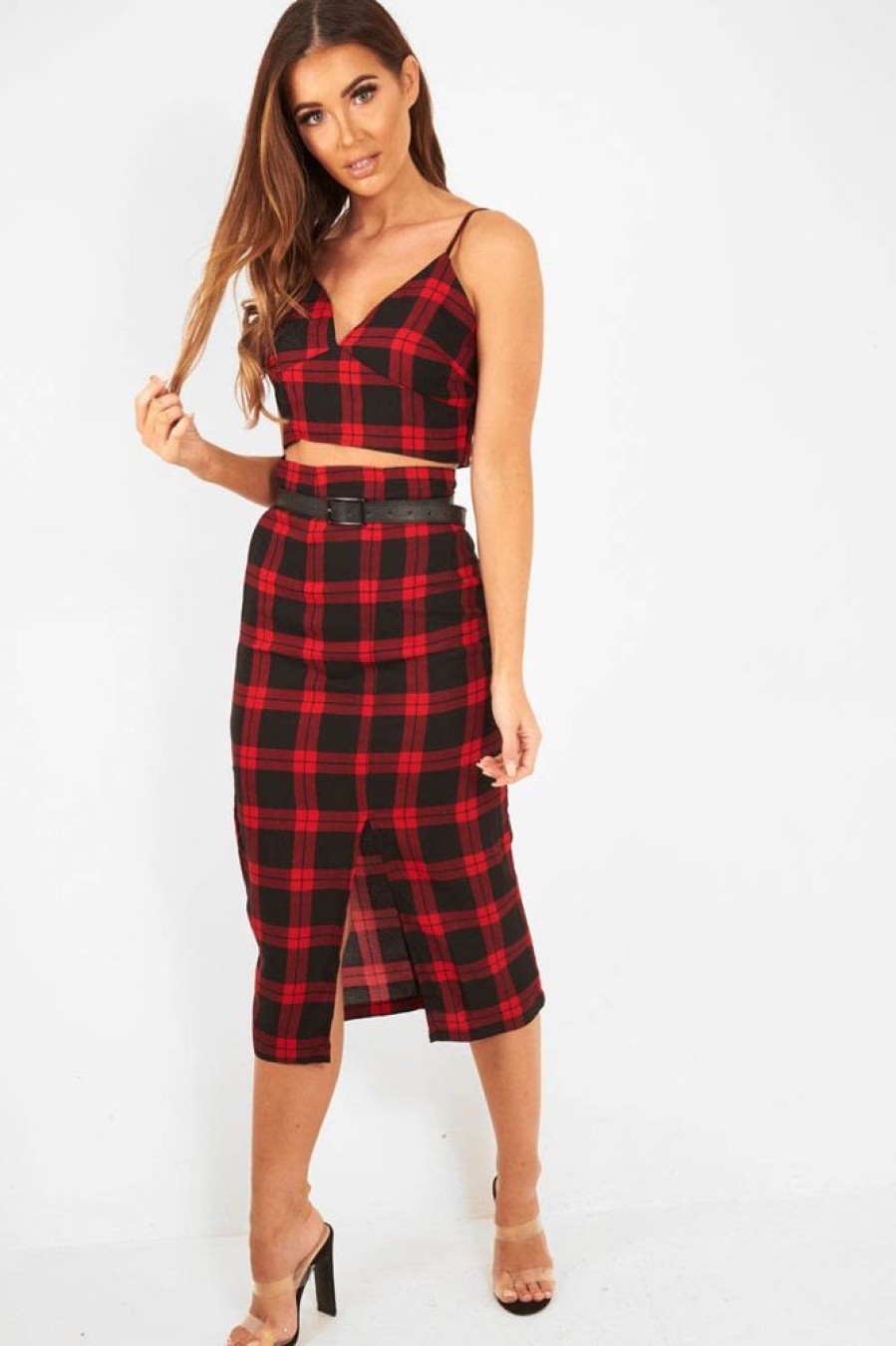 Clothing Rebellious Fashion | Red Check Bralet And Midi Skirt Co-Ord - Caden