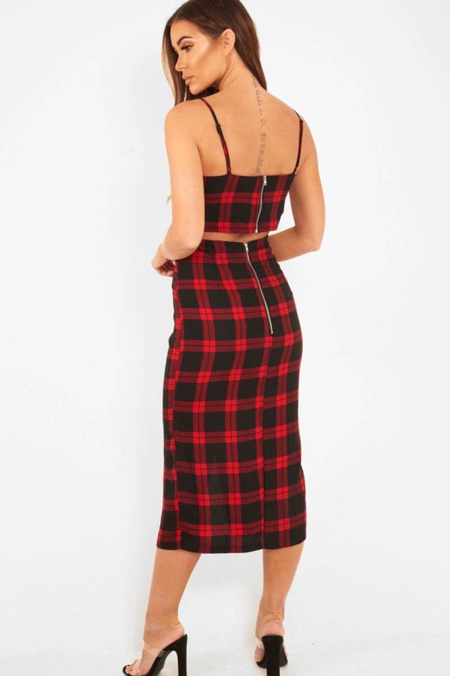 Clothing Rebellious Fashion | Red Check Bralet And Midi Skirt Co-Ord - Caden