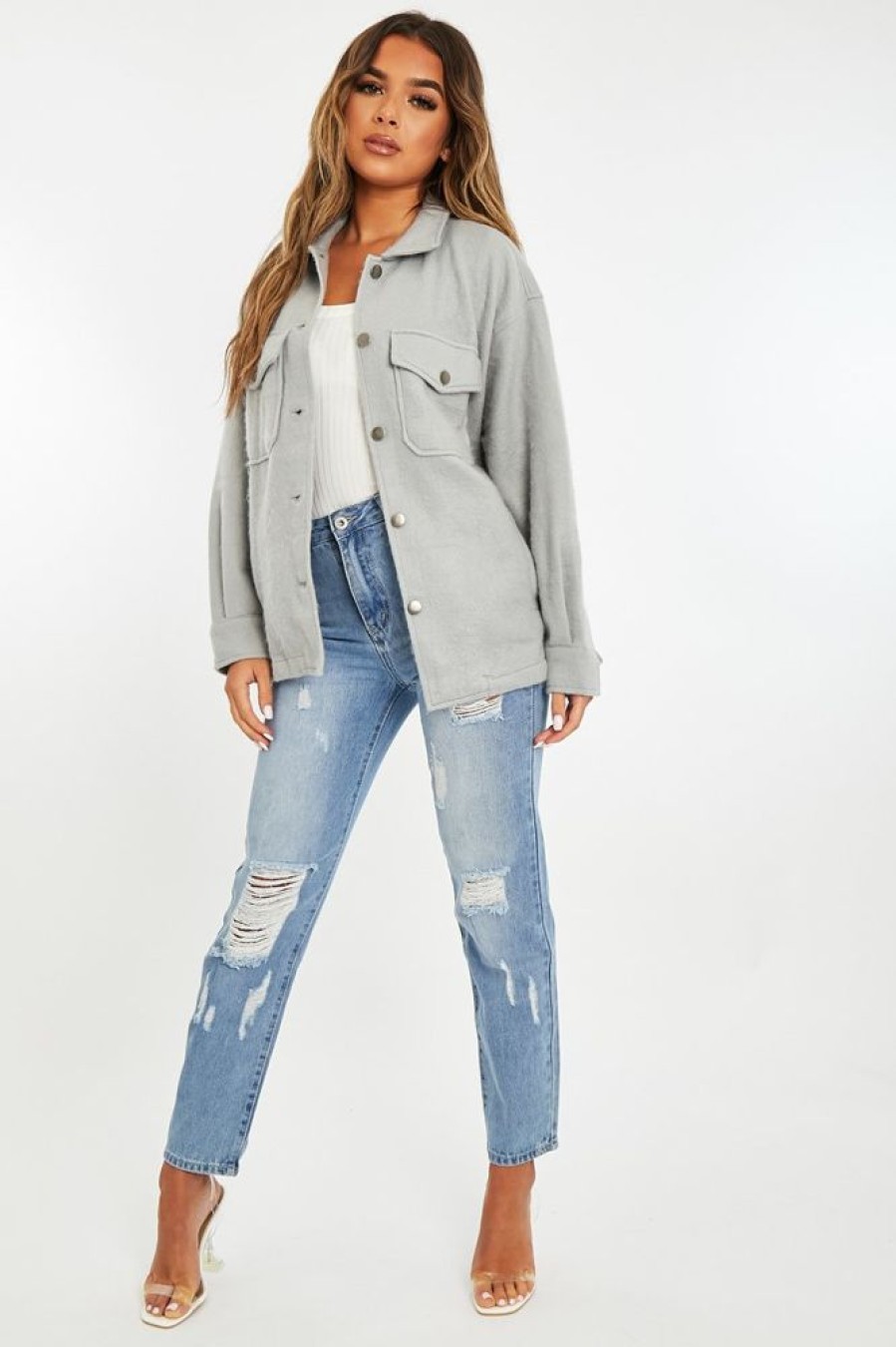 Clothing Rebellious Fashion | Grey Pocket Oversized Brushed Shacket - Caley