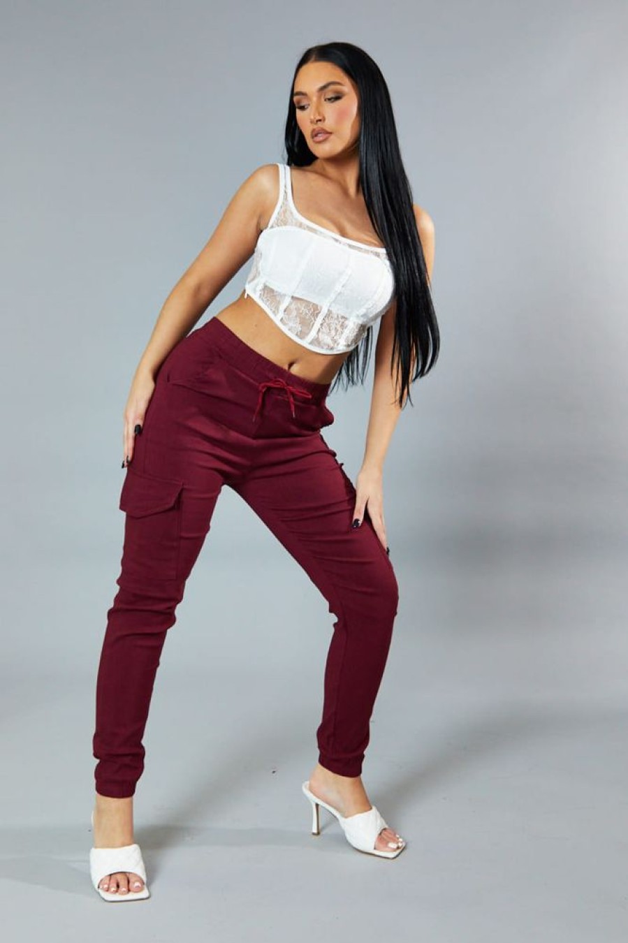 Clothing Rebellious Fashion | Burgundy Cuffed Hem Cargo Trousers - Rain