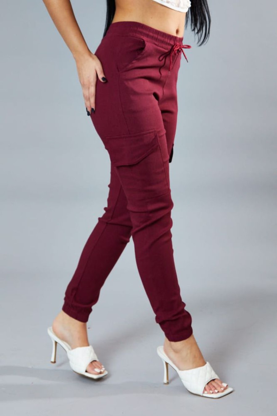 Clothing Rebellious Fashion | Burgundy Cuffed Hem Cargo Trousers - Rain