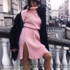 Clothing Rebellious Fashion | Pink Knitted Roll Neck Jumper Dress - Cecily