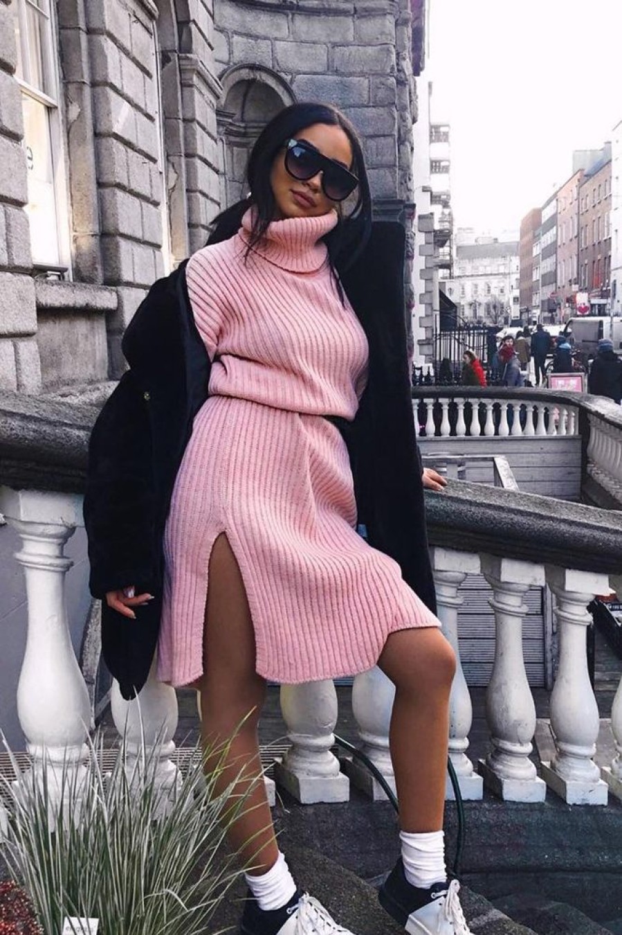 Clothing Rebellious Fashion | Pink Knitted Roll Neck Jumper Dress - Cecily