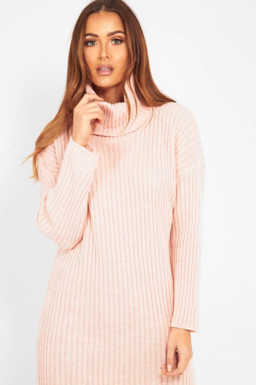 Clothing Rebellious Fashion | Pink Knitted Roll Neck Jumper Dress - Cecily