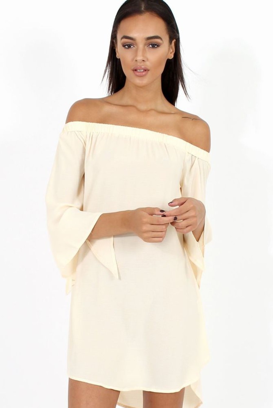 Clothing Rebellious Fashion | Apricot Bardot Split Sleeve Dress - Sharpay