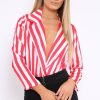 Clothing Rebellious Fashion | Red & White Striped Open Collar Bodysuit - Torie