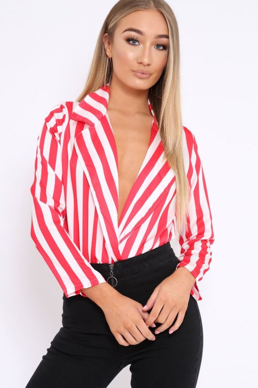 Clothing Rebellious Fashion | Red & White Striped Open Collar Bodysuit - Torie