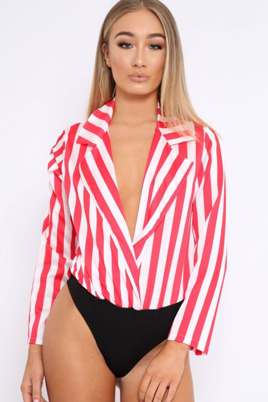 Clothing Rebellious Fashion | Red & White Striped Open Collar Bodysuit - Torie