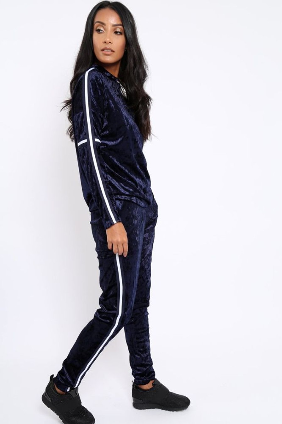 Clothing Rebellious Fashion | Navy Velvet Striped Trim Co-Ord Set - Beau