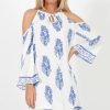 Clothing Rebellious Fashion | White With Large Blue Paisley Print Cold Shoulder Dress - Penelope