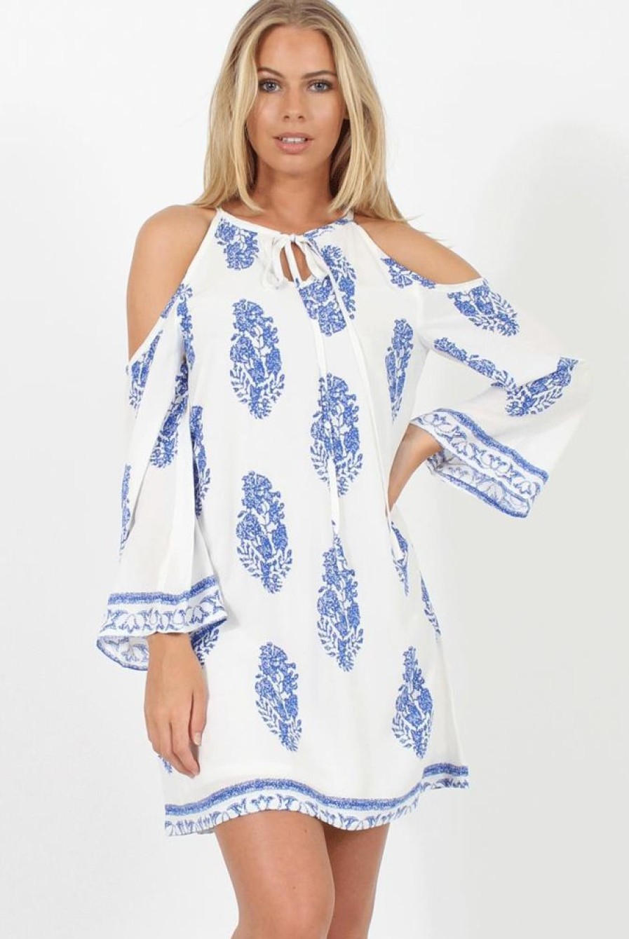 Clothing Rebellious Fashion | White With Large Blue Paisley Print Cold Shoulder Dress - Penelope