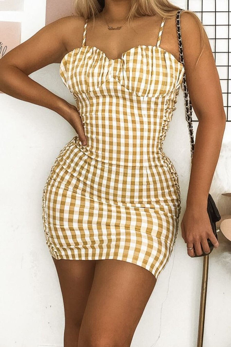 Clothing Rebellious Fashion | Yellow White Check Sleeveless Shirred Cup Midi Dress - Suzi