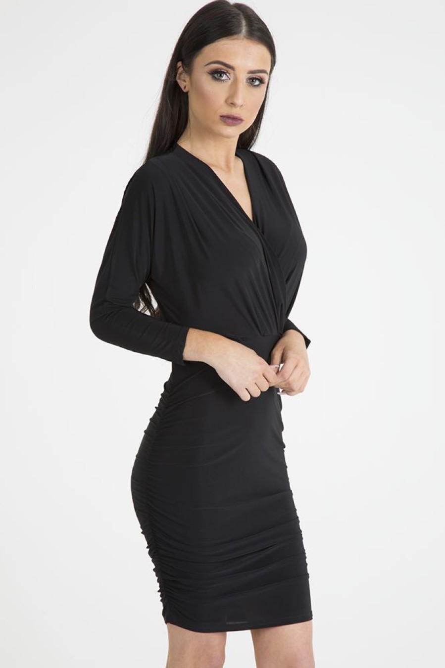 Clothing Rebellious Fashion | Black Slinky Side Ruched Dress - Avery