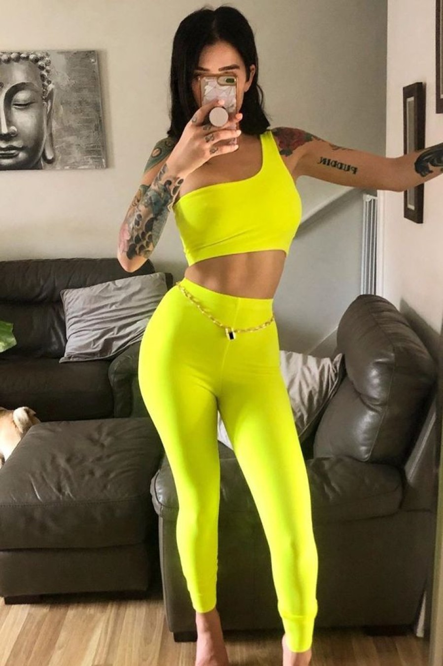 Clothing Rebellious Fashion | Neon Yellow One Shoulder Crop Top And Leggings Co-Ord - Marrie