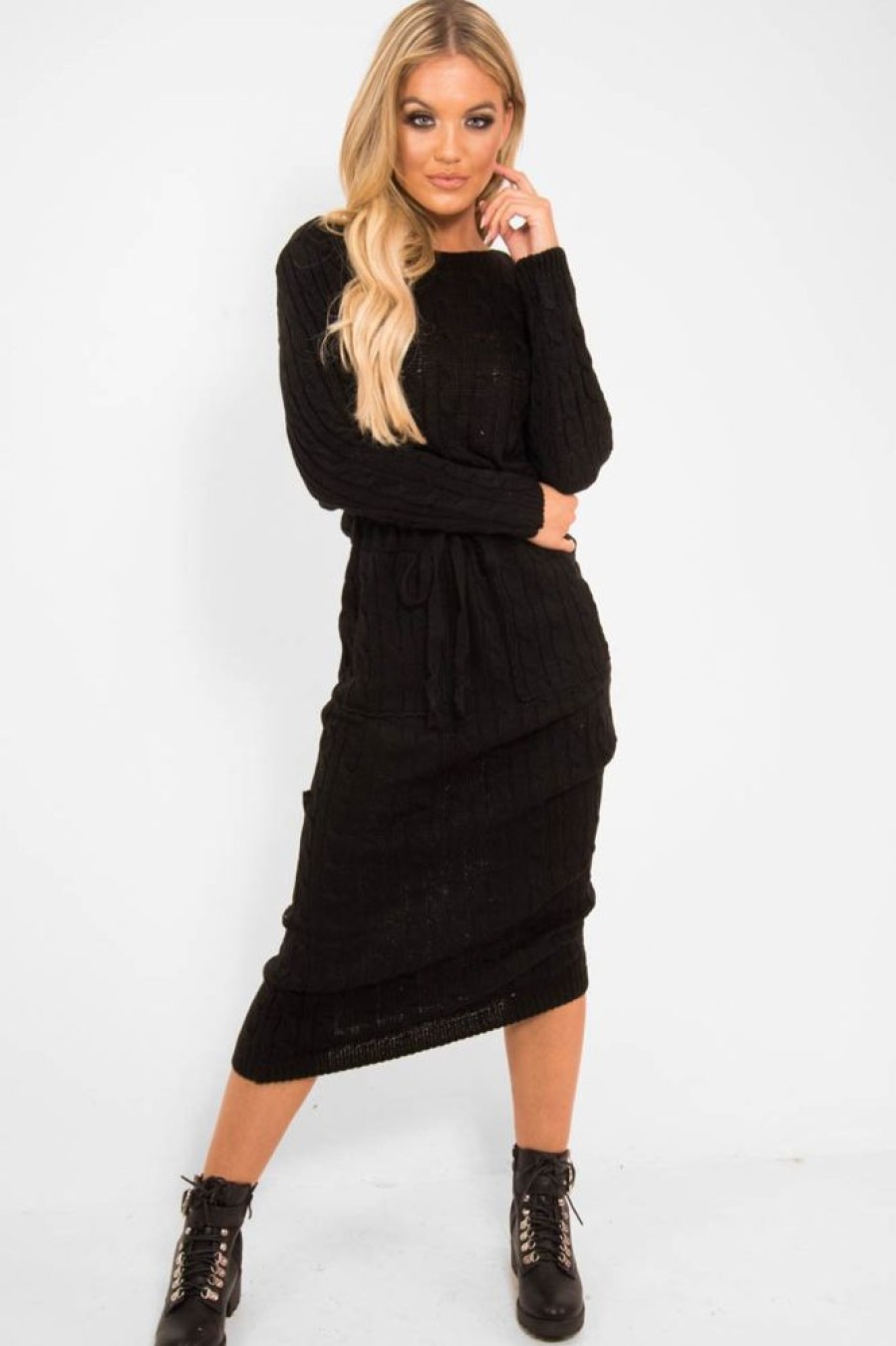 Clothing Rebellious Fashion | Black Cable Knit Drawstring Waist Dress - Rhea