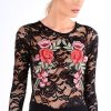 Clothing Rebellious Fashion | Black Long Sleeve Lace Embroidered Bodysuit - Karla