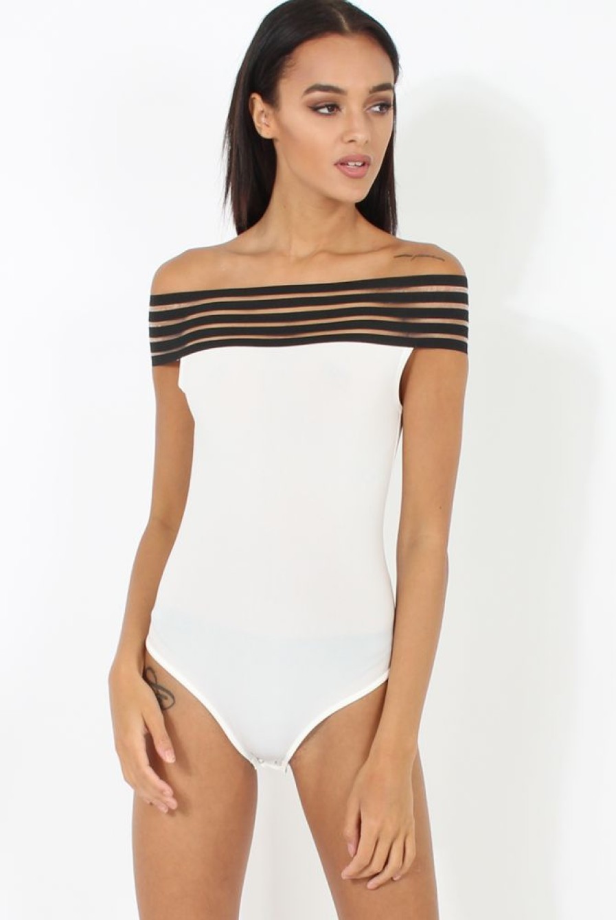 Clothing Rebellious Fashion | White & Black Elasticated Bardot Bodysuit - Jill