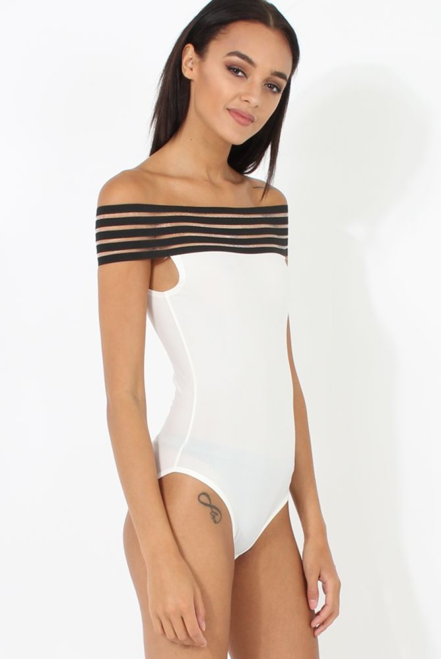 Clothing Rebellious Fashion | White & Black Elasticated Bardot Bodysuit - Jill