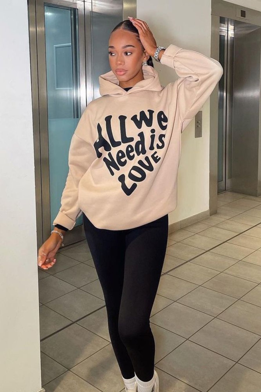 Clothing Rebellious Fashion | Beige Oversized Slogan Hoodie - Sora