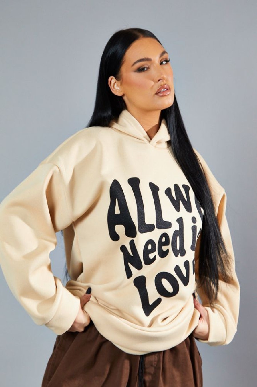 Clothing Rebellious Fashion | Beige Oversized Slogan Hoodie - Sora