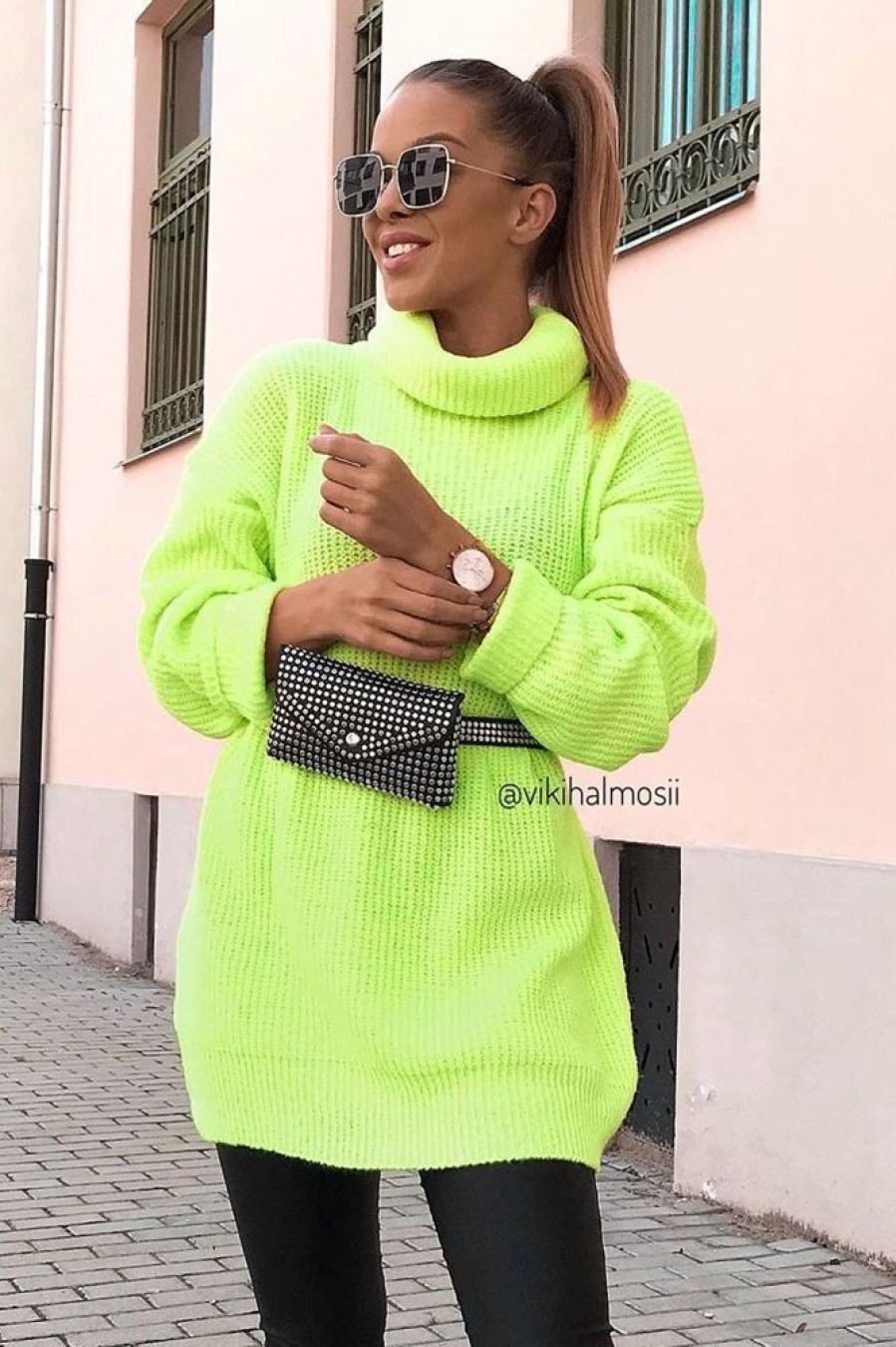 Clothing Rebellious Fashion | Neon Lime Green Roll Neck Jumper Dress - Freylynn