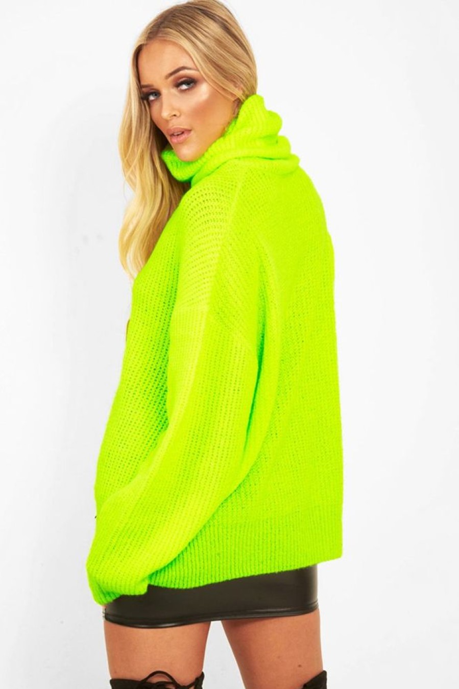 Clothing Rebellious Fashion | Neon Lime Green Roll Neck Jumper Dress - Freylynn