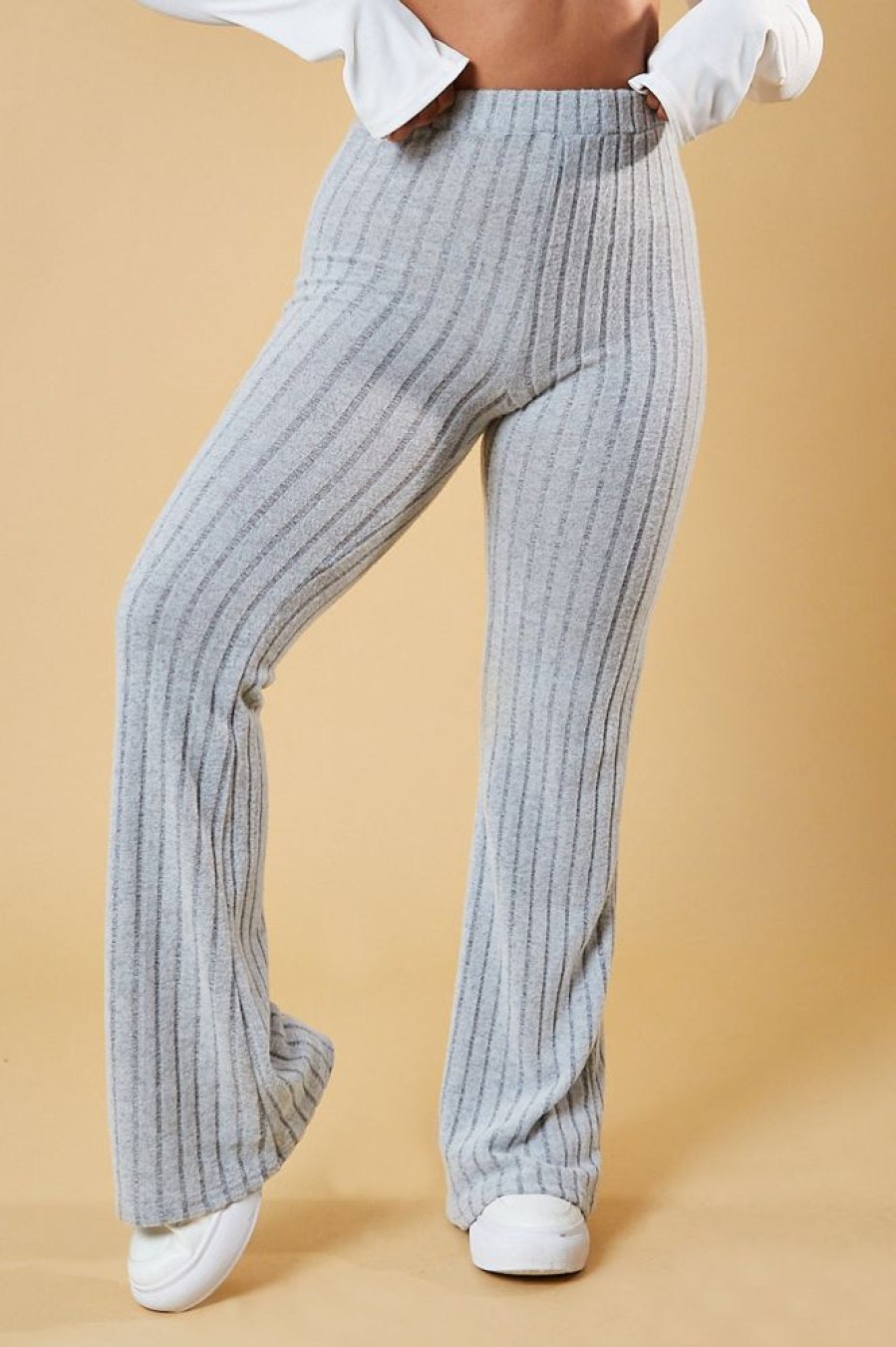 Clothing Rebellious Fashion | Grey Rib Knit Flared Trousers - Juniper