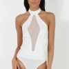 Clothing Rebellious Fashion | White Sheer Panel Tie Back Bodysuit- Hollie