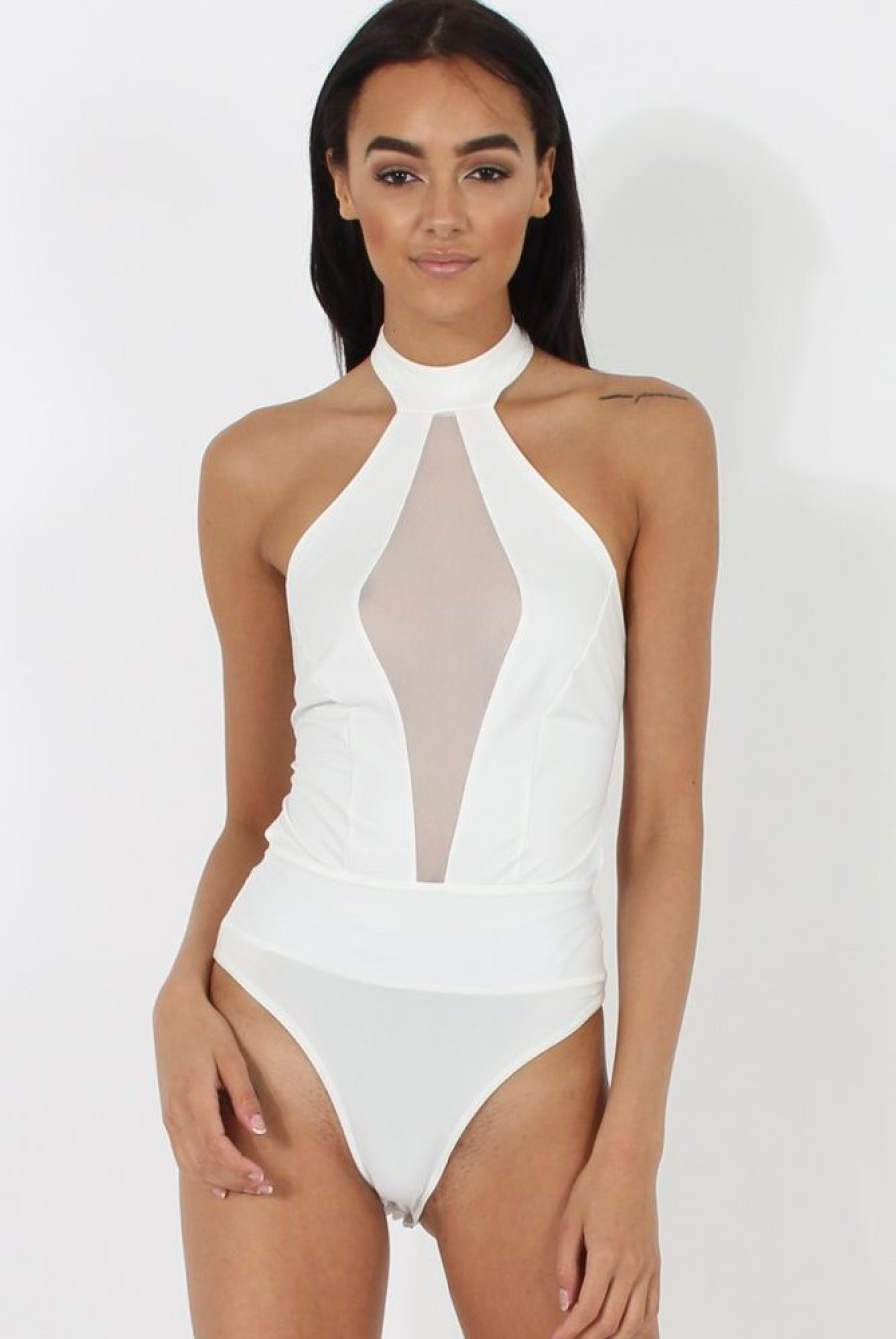 Clothing Rebellious Fashion | White Sheer Panel Tie Back Bodysuit- Hollie