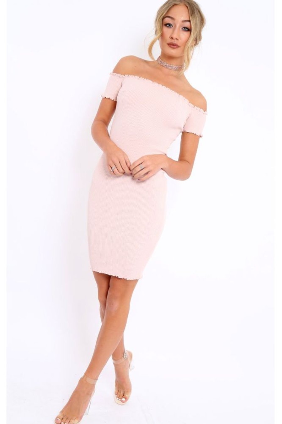 Clothing Rebellious Fashion | Nude Ribbed Frill Hem Bardot Bodycon Dress - Kamille