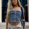 Clothing Rebellious Fashion | Mid Blue Denim Bandeau Button Front Crop Top - Emiko