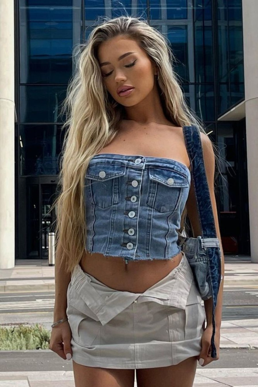 Clothing Rebellious Fashion | Mid Blue Denim Bandeau Button Front Crop Top - Emiko