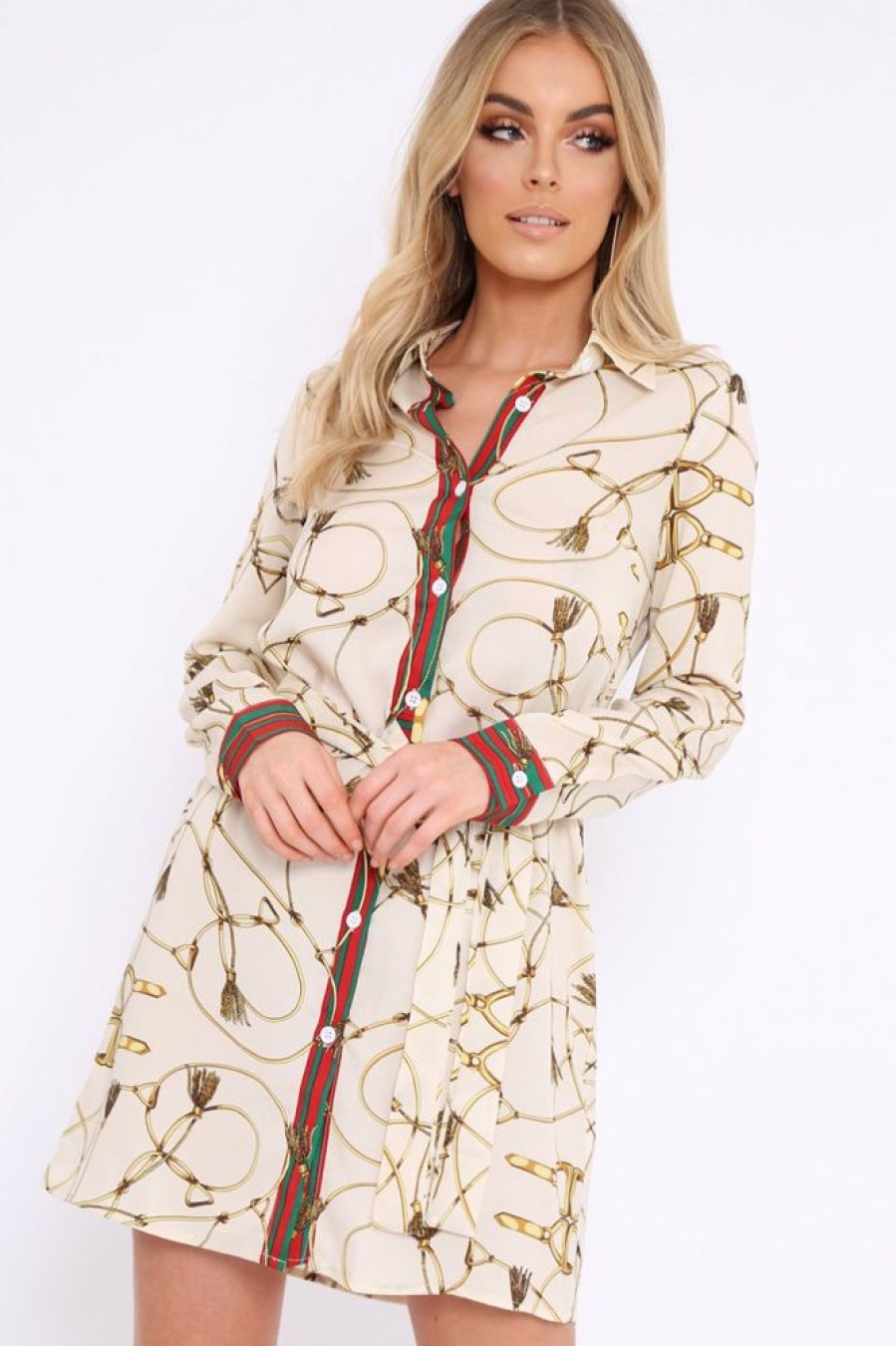 Clothing Rebellious Fashion | Apricot Rope Print Shirt Dress With Red And Green Trim - Allena