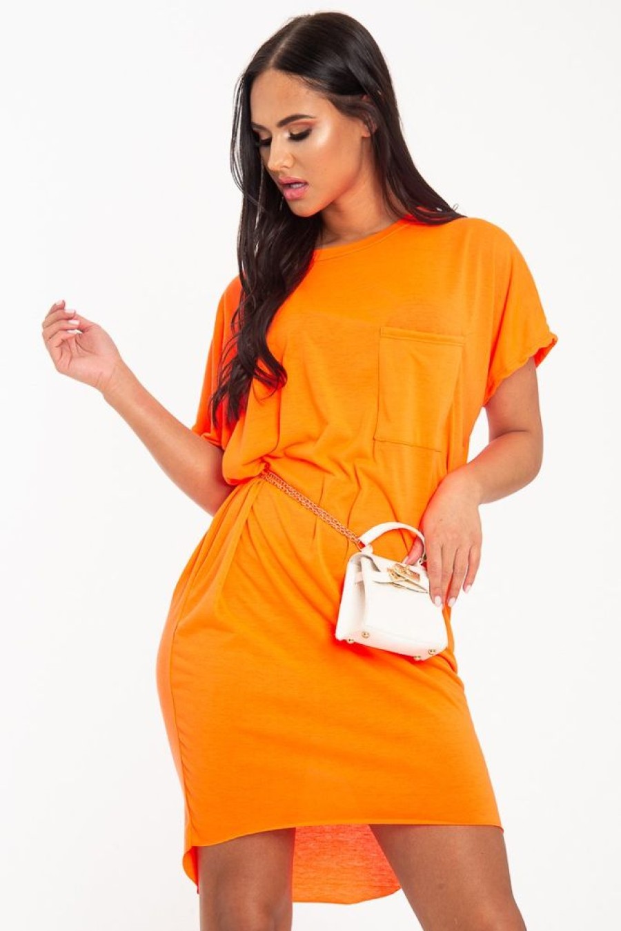 Clothing Rebellious Fashion | Neon Orange Oversized Pocket Front Midi T-Shirt Dress - Whitney