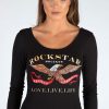 Clothing Rebellious Fashion | Black Long Sleeved Rockstar Print Bodysuit - Hannah