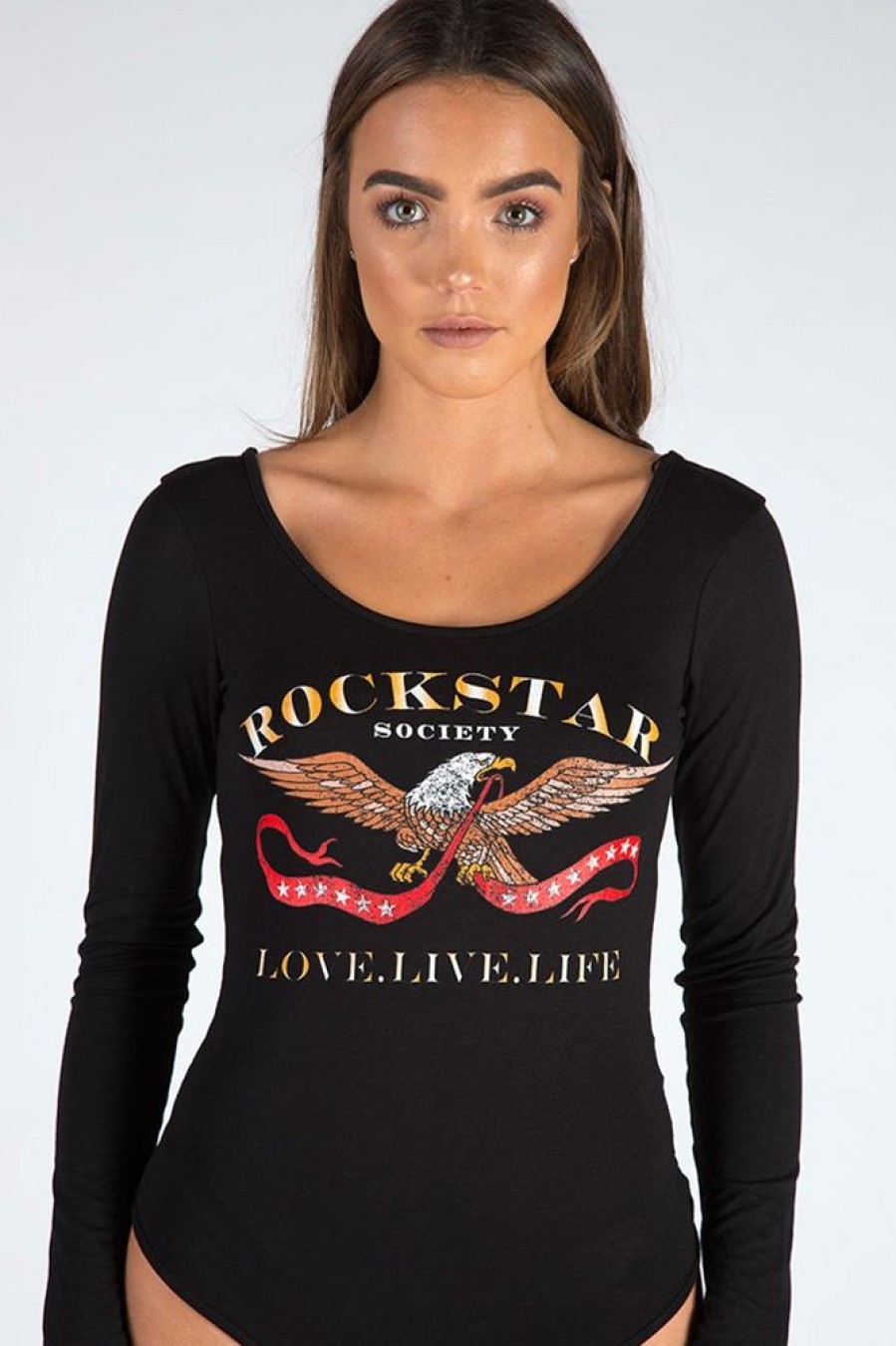 Clothing Rebellious Fashion | Black Long Sleeved Rockstar Print Bodysuit - Hannah