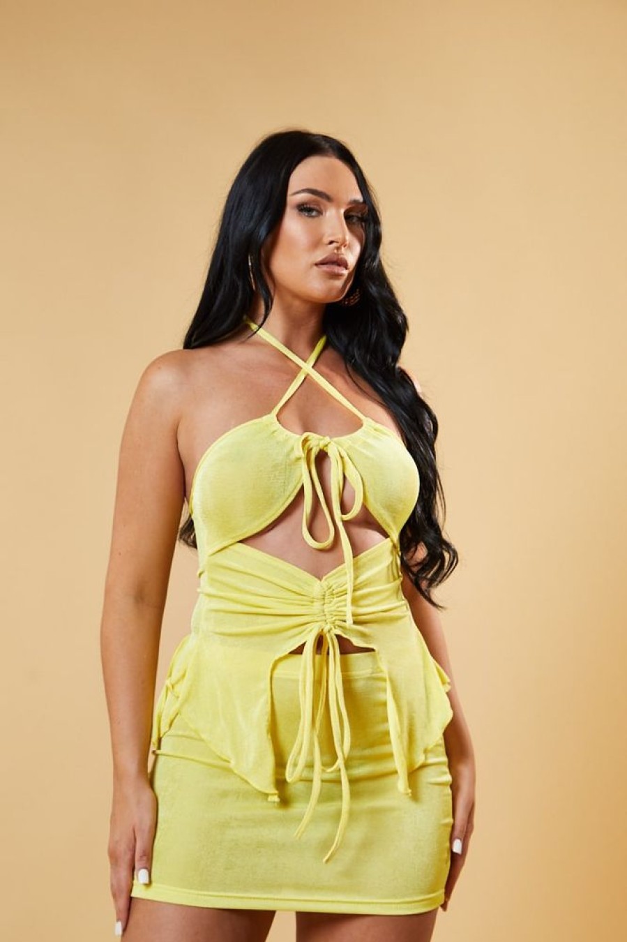 Clothing Rebellious Fashion | Yellow Cut Out Front Asymmetric Top & Mini Skirt Co-Ord Set - Milana