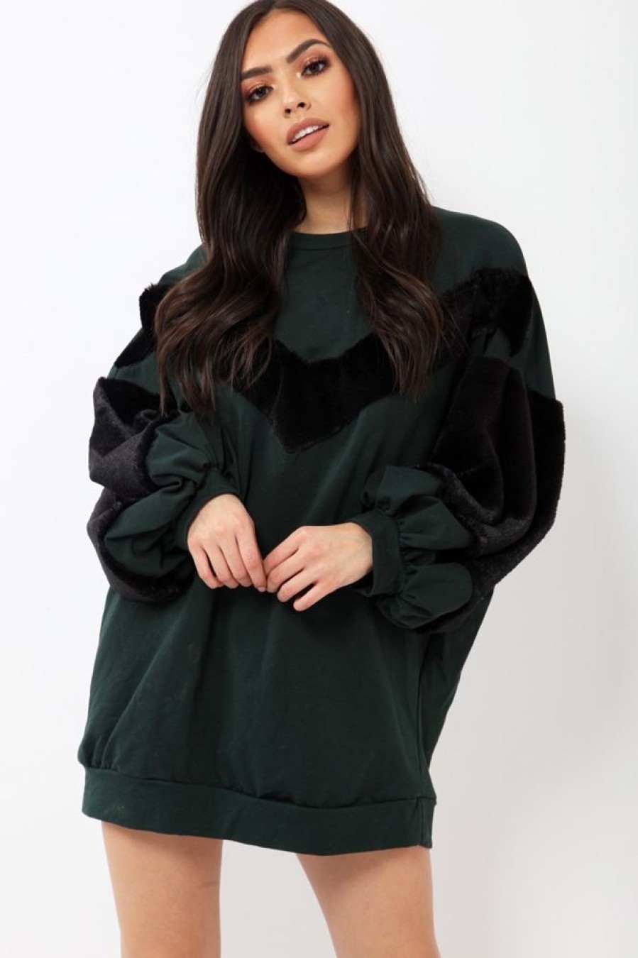 Clothing Rebellious Fashion | Green Chevron Fur Jumper Dress - Esme