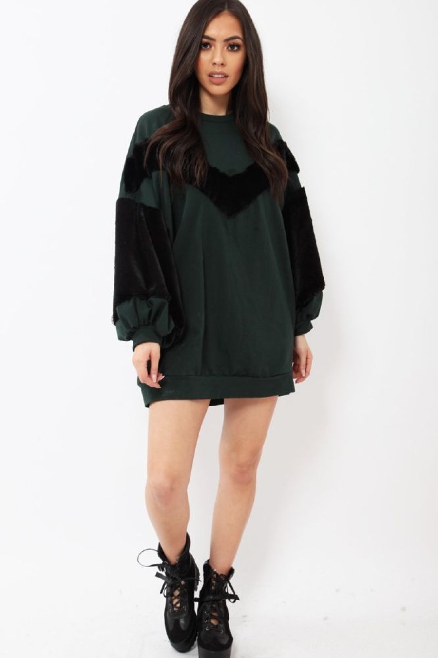 Clothing Rebellious Fashion | Green Chevron Fur Jumper Dress - Esme