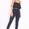 Clothing Rebellious Fashion | Navy Checked Crop Top And Trousers Co-Ord Set - Linda