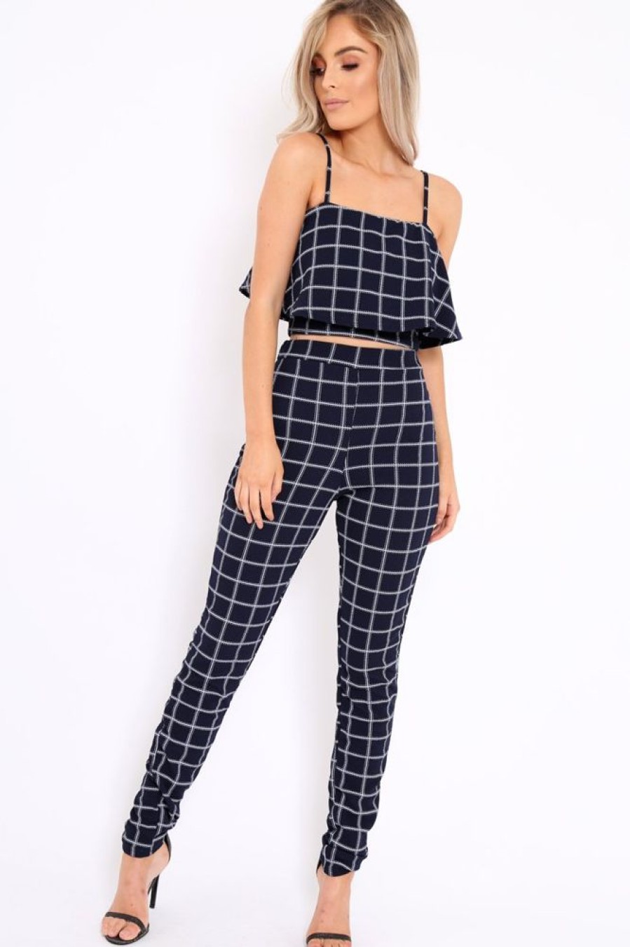 Clothing Rebellious Fashion | Navy Checked Crop Top And Trousers Co-Ord Set - Linda