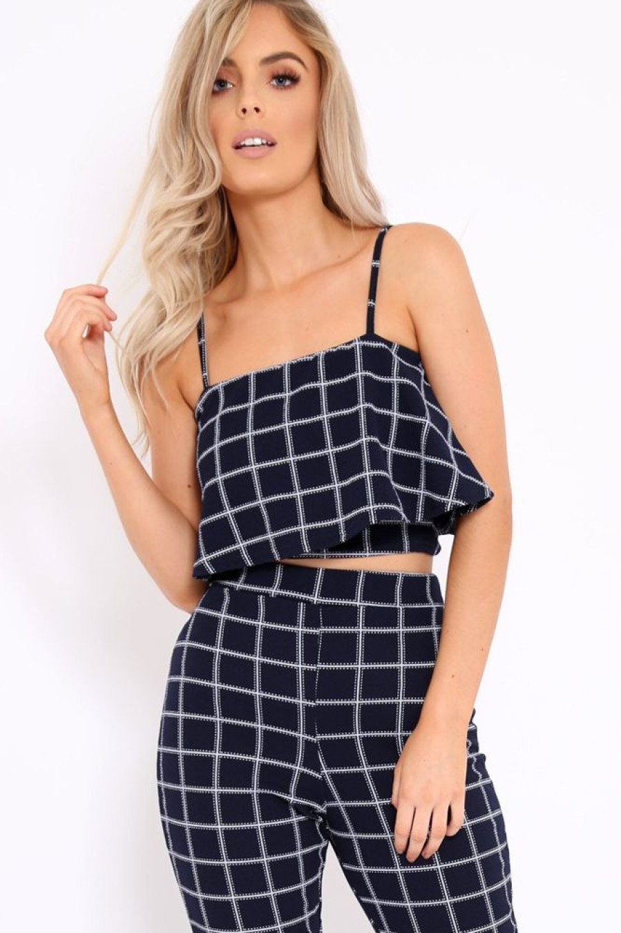 Clothing Rebellious Fashion | Navy Checked Crop Top And Trousers Co-Ord Set - Linda