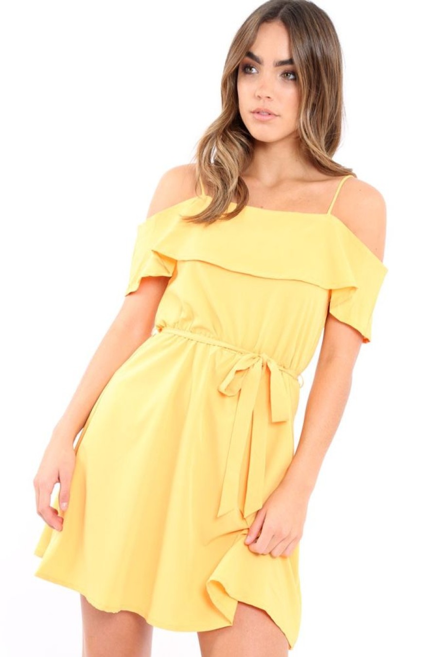 Clothing Rebellious Fashion | Yellow Cold Shoulder Frill Tie Waist Dress - Selah