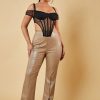 Clothing Rebellious Fashion | Beige Faux Leather Slit Front Trousers - Madeline