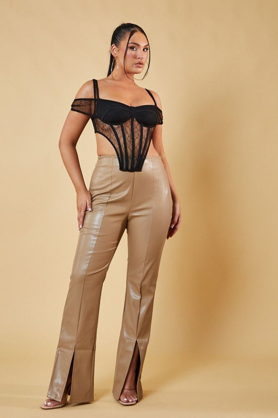 Clothing Rebellious Fashion | Beige Faux Leather Slit Front Trousers - Madeline