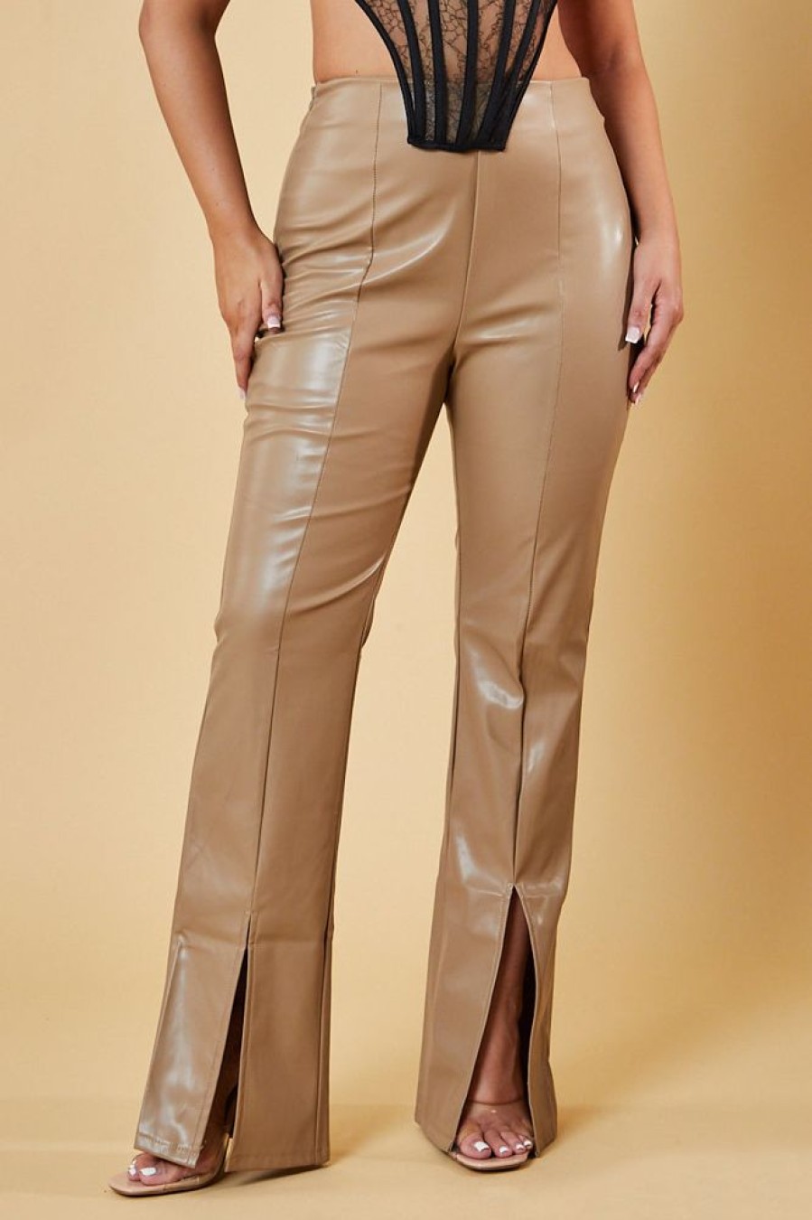 Clothing Rebellious Fashion | Beige Faux Leather Slit Front Trousers - Madeline