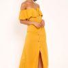 Clothing Rebellious Fashion | Mustard Bardot Frill Button Front Midi Dress - Clancy