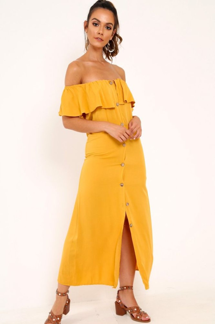 Clothing Rebellious Fashion | Mustard Bardot Frill Button Front Midi Dress - Clancy