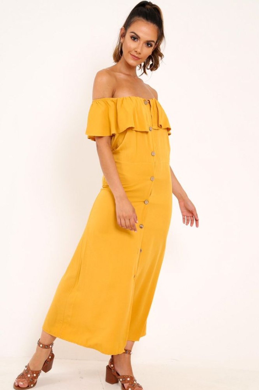 Clothing Rebellious Fashion | Mustard Bardot Frill Button Front Midi Dress - Clancy